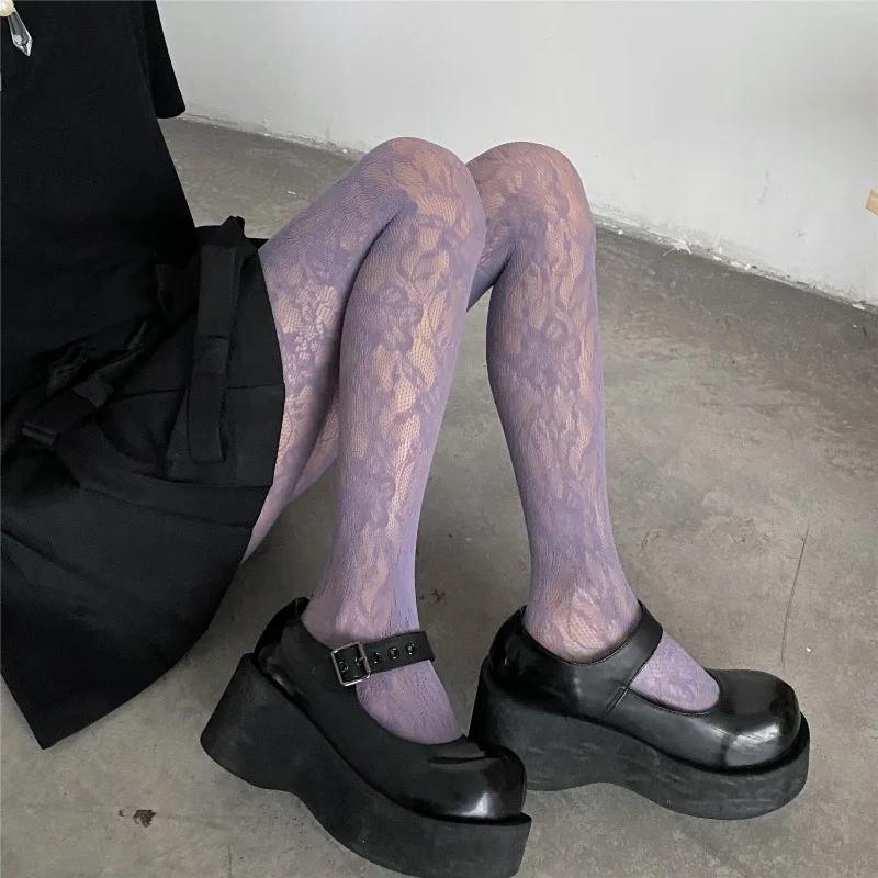 Dames Sexy Bloemenborduurwerk Mesh Uitgesneden Zijde Kousen JK Visnet Panty's Coole Meisjes Gekleurde Hipster Harajuku Panty's One Size paars