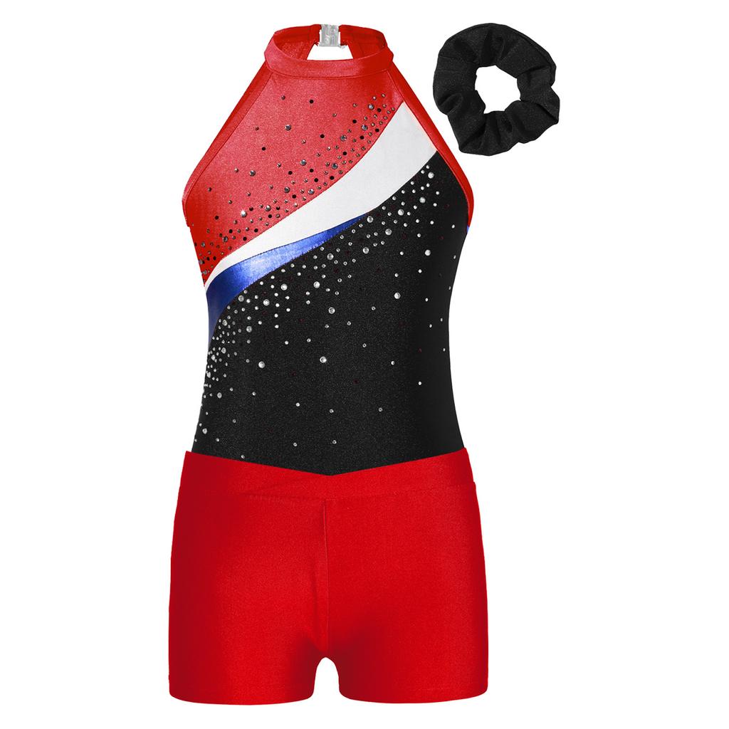 Girls Sleeveless Rhinestones Decorated Patchwork Leotard Hair Band V Front Waistband Shorts Gymnastics Training Dance Set
