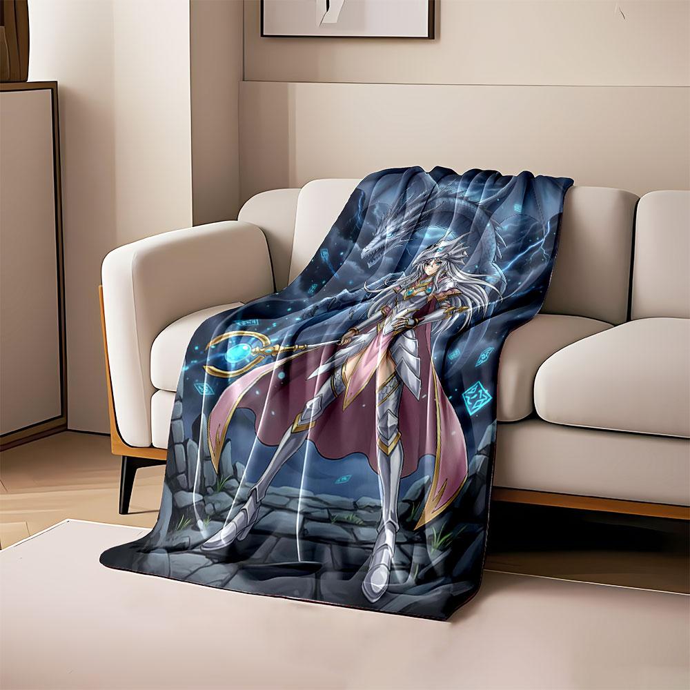 

A warrior in silver armor with a staff stands before a blue dragon. for all seasons blanket lunch break throw gift 80cm x 120cm