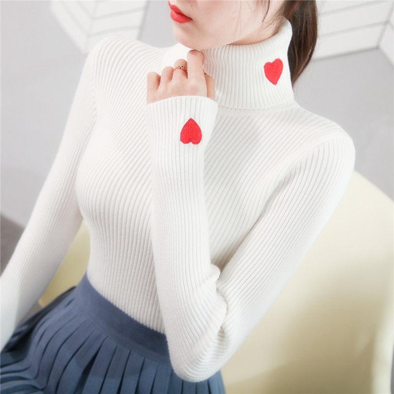 Love embroidered turtleneck sweater women s spring and autumn new slim-fit top women s versatile warm shirt s recommended 47.5kg or less белый