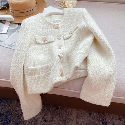 Jaqueta de tweed chique estilo coreano feminina primavera e outono temperamento curto de lã