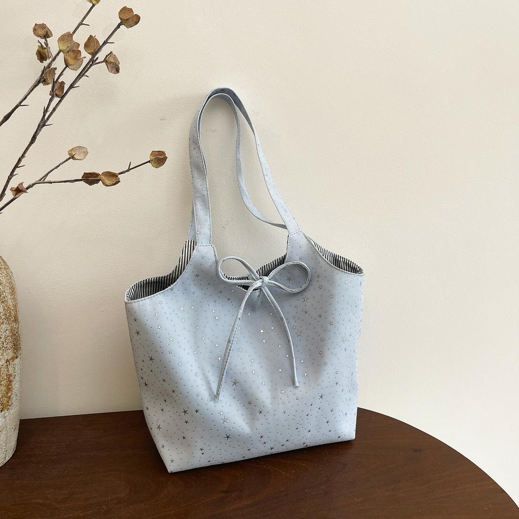 Multi Color Star Glitter Print Canvas Tote Bag For Women Sweet Style Shoulder Bag With Star Charm Bow Knot For Daily School