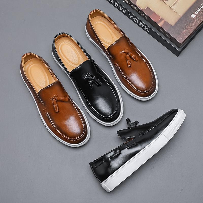 Men Fashion Tassel Shoes PU Black Brown Flat Heel Casual Fashion Small Leather Shoes British Business Travel Shoes Men Sizes 38-