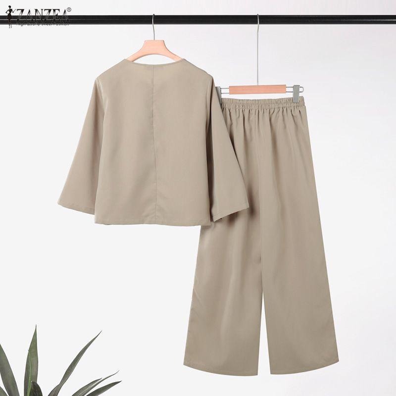 ZANZEA Damen Langarmbluse und lockere Hose Lässige zweiteilige Anzugsets