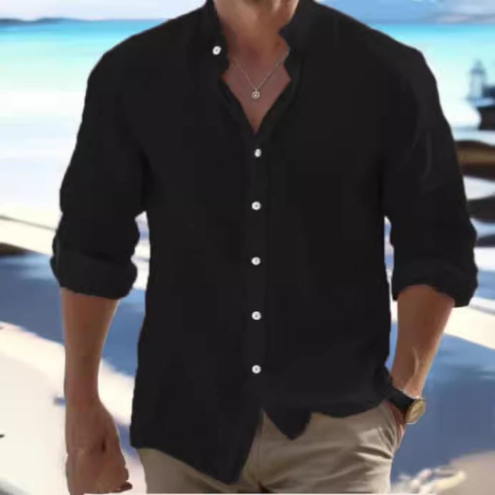 Men's Linen Button-Down Shirt Summer Beach Shirt Long-Sleeved Plain Solid Collared Spring/Summer Casual Everyday Wear