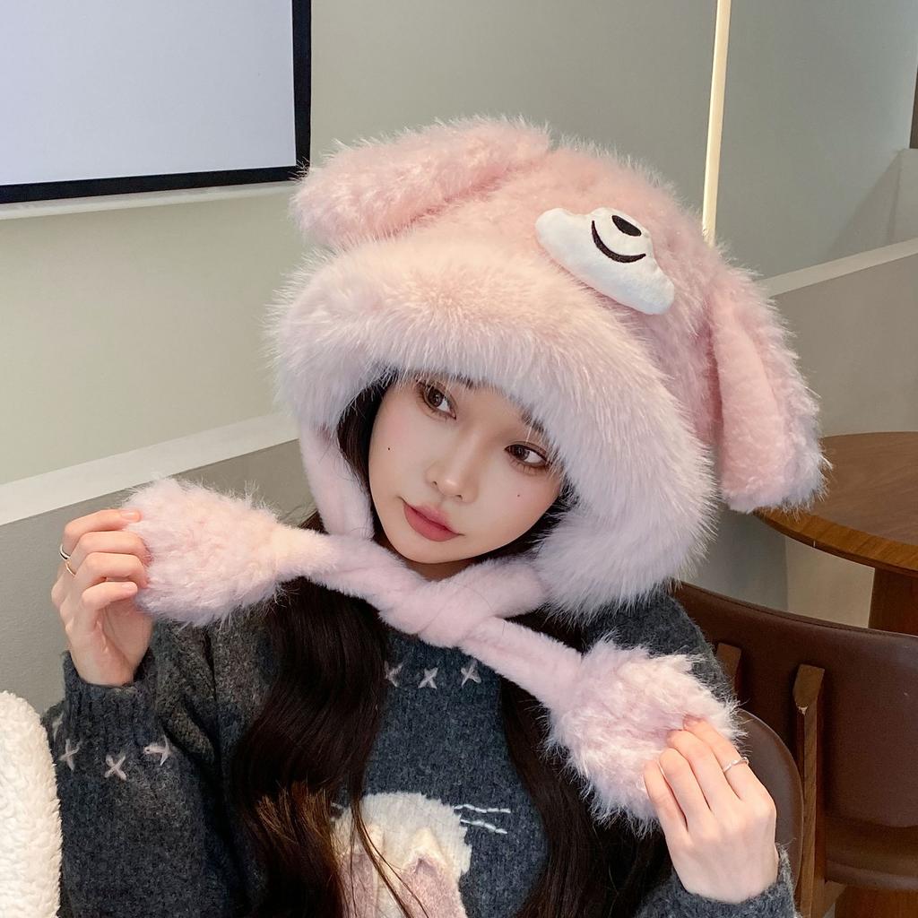 Fashion Plush Ears Trapper Hat Women Winter Warm Fleece Lined Earflap Beanie Tie-strap Bomber Cap