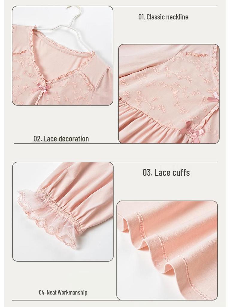 Damen Lycra Baumwoll Pyjama Set: Herbst Langarm V-Ausschnitt Top & Hose, Einfarbig, Lässige Hauskleidung
