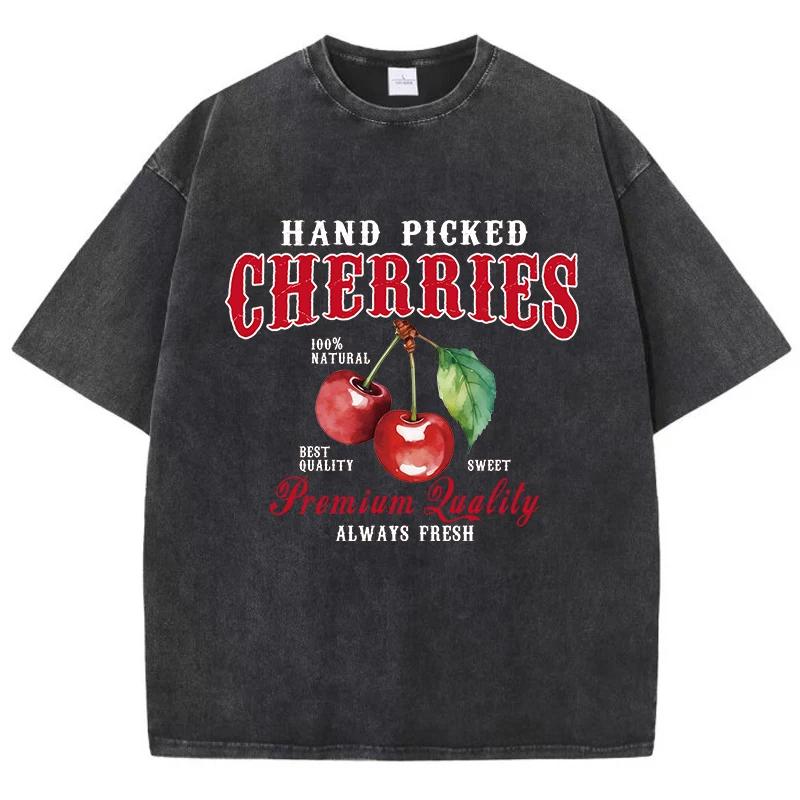 Cherries Cotton Washed T-Shirts Woman Red Fresh Fruit Tees Letter Prints Tops Crewneck Oversized T Shirt Street Female Clothes S разноцветный