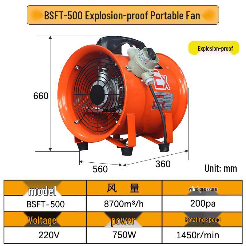 Explosion-Proof 220V Portable Axial Fan with Duct for Mobile Exhaust and Tunnel Spray Painting