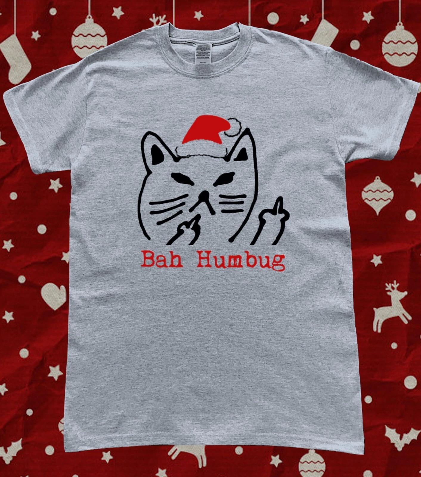 Bah Humbug Funny Cat Finger Santa Hat Christmas T-Shirt S
