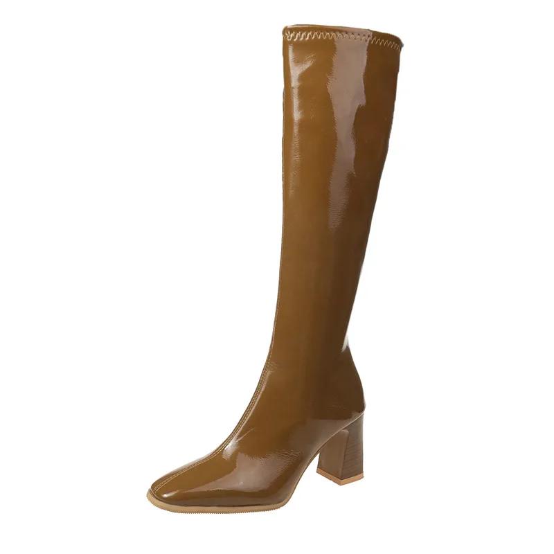 Mujer Botas de Plataforma hasta la Rodilla Otoño Nuevo Cuero Patentado Cremallera Lateral Botas Largas Mujer Negro Tacón Alto Caballero Botas Mujer