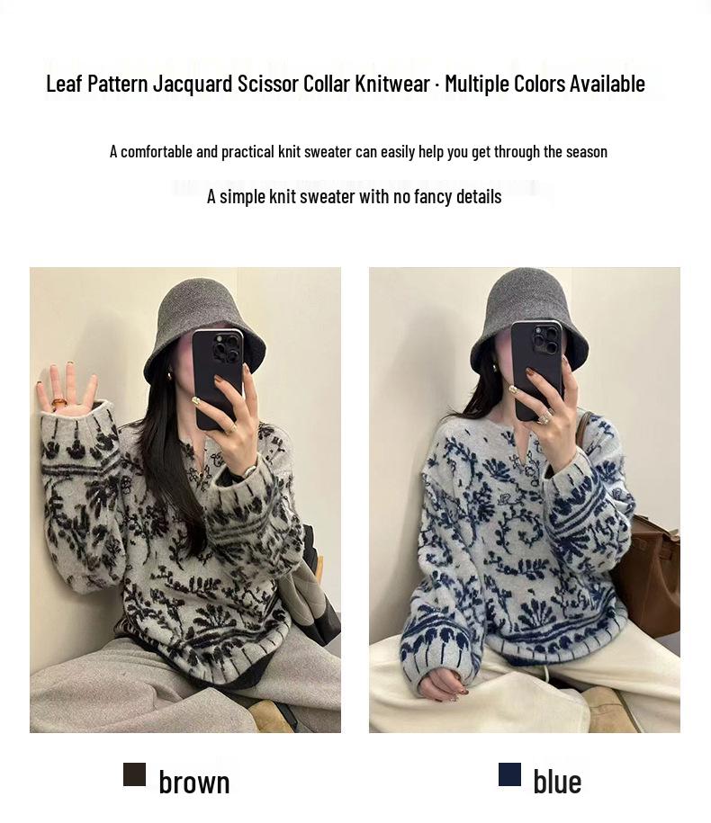 Autumn/Winter Blue & White Porcelain Jacquard Knitwear - Women's New Arrival, Hot Selling, Wearable as Inner or Outer Layer