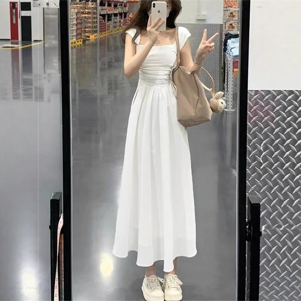 Blue square neck suspender dress women's summer new splicing skirt high-end waist and thin dress