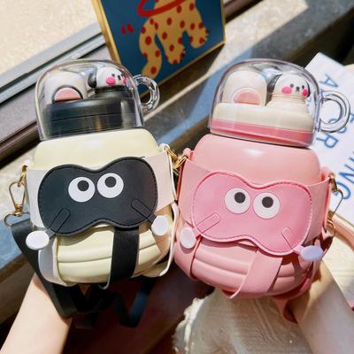 Cupă termos drăguță, cu capac, portabil, dublu, pentru băutură, pentru copii, cu izolație din paie, balon cu vid din oțel inoxidabil 316, cu burtă mare