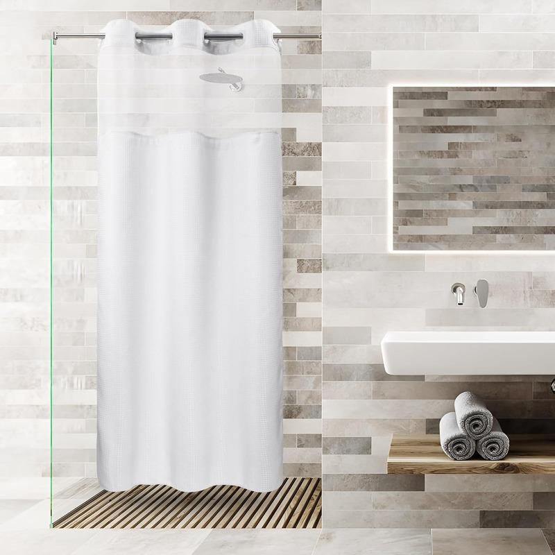 No Hooks Required Dotted Waffle Weave Shower Curtain with Snap In Liner - 71W X 74H,Hotel Grade,Spa Like Bath Curtain,Gray