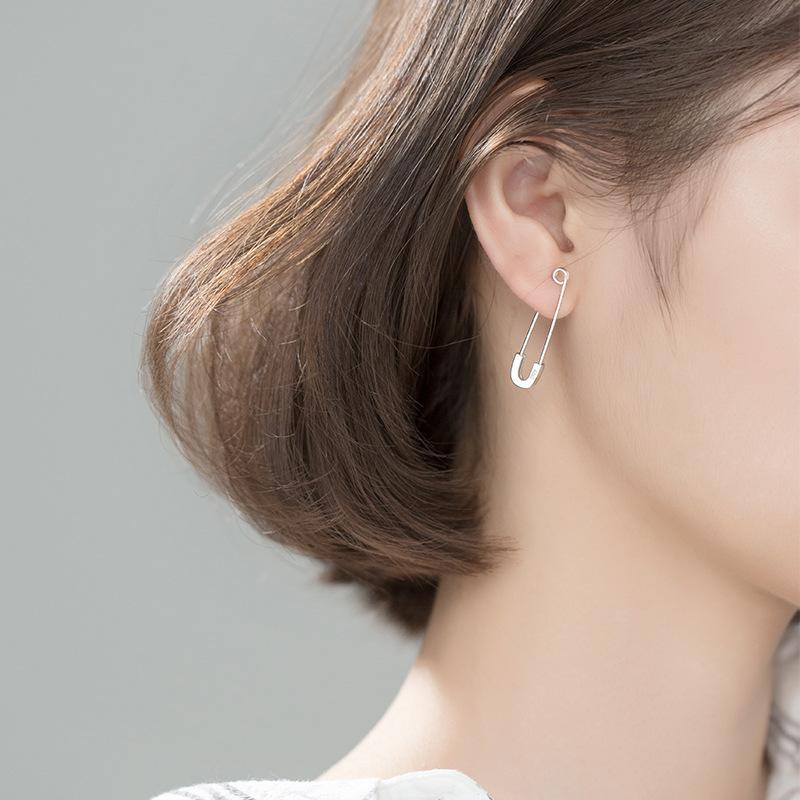 Real 925 Silver Jewelry Punk Style Minimalist Safety Pin Stud Earrings for Women Teens Girls 31mm