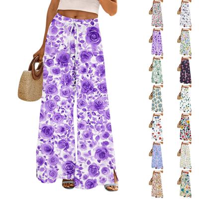 Women's Printed Wide Leg Pants With Pockets High Waist Drawstring Loose Casual Pants