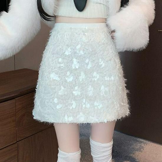 Women s High-Waisted French Chic Sequined A-Line Skirt – Autumn/Winter Petite & Plus, Short & Slimming 4XL белый