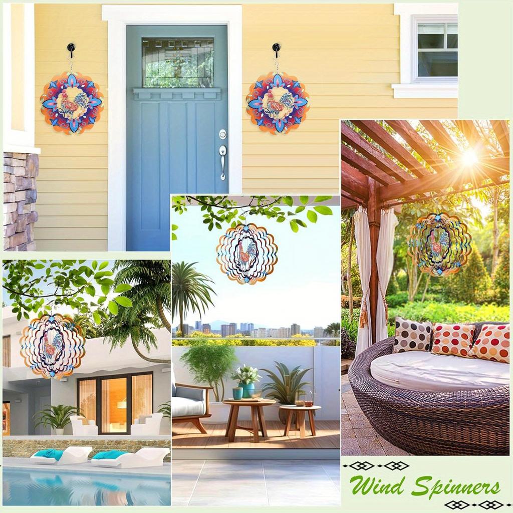 Wind Rotator 12 Inch 3D Stainless Steel Flower Rooster Design Metal Art Geometric Pattern Suspension Kinetic Energy Courtyard Garden Decoration