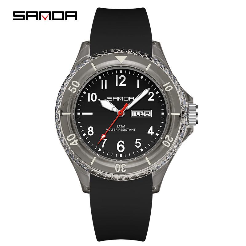 Sanda Unisex Quartz Double Calendar Watch with Large Numbers and Silicone Case - Fresh, Simple Design