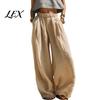 Pleated Palazzo Pants Women Wide Leg Casual Pants, Elastic Waist Solid Color Loose Breathable Trousers, Spring Fall with Pockets Lightweight