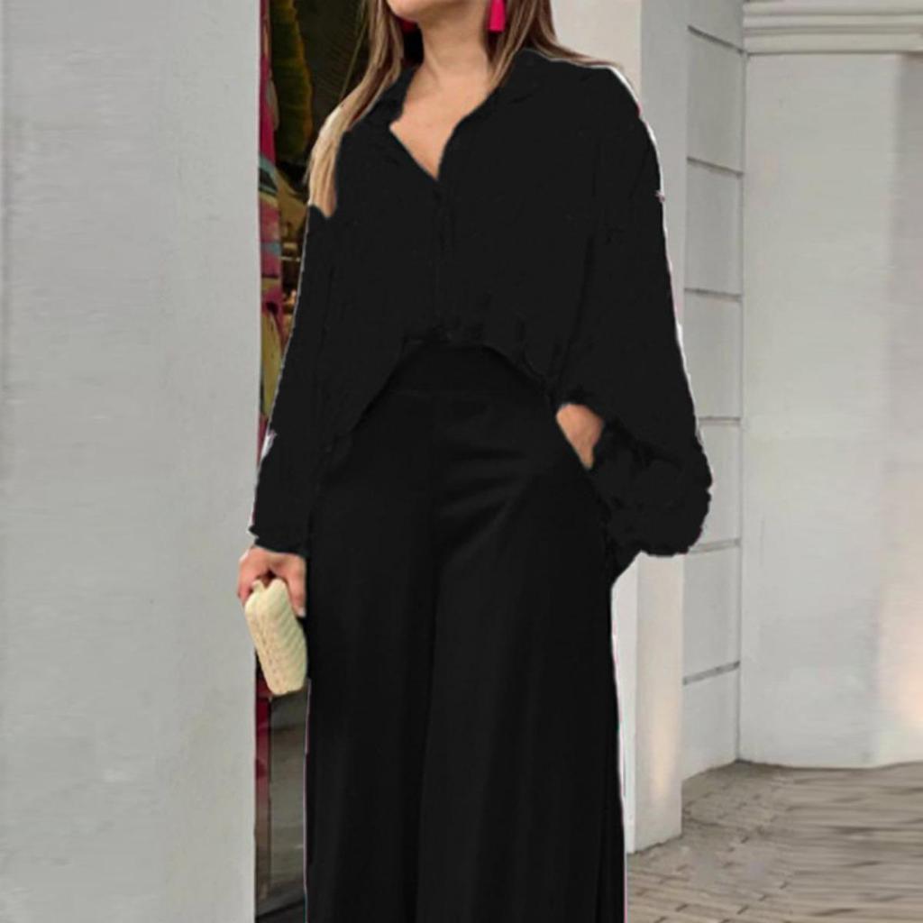 Elegante camisa estampada para mujer, traje casual de moda con pantalones de pernera ancha