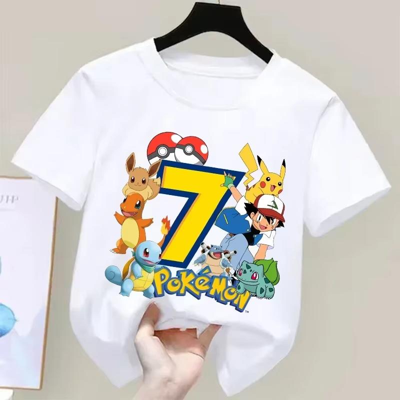 Pokemons Pikachu Kids T-shirts Birthday Number 1-9 Printed Summer Spring Children's T-shirts Minimalist Casual Cosplay Loose Top