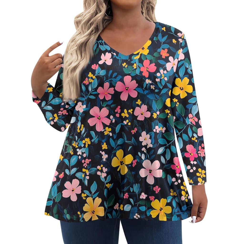 Women's Fashionable Casual Long Sleeved Plus Size Floral Print Top Plus Size Floral Print Top