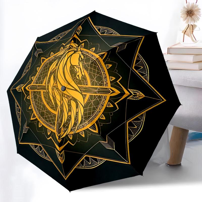 1pc Horse Mandala Automatic Folding Umbrella - Compact 8-Rib Design, Durable Plastic & Iron, Lightweight for Outdoor Daily Use116