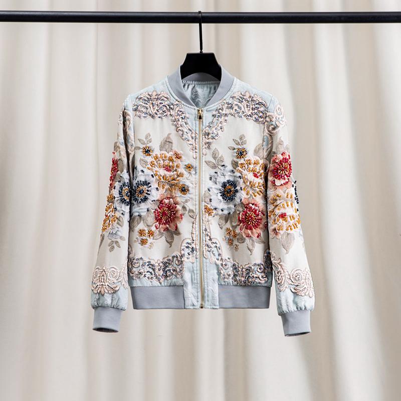 European Station Spring and Autumn Versatile Baseball Uniform Women's Jacquard Three-dimensional Relief Flower Heavy Industry Bead Short Jacket Top