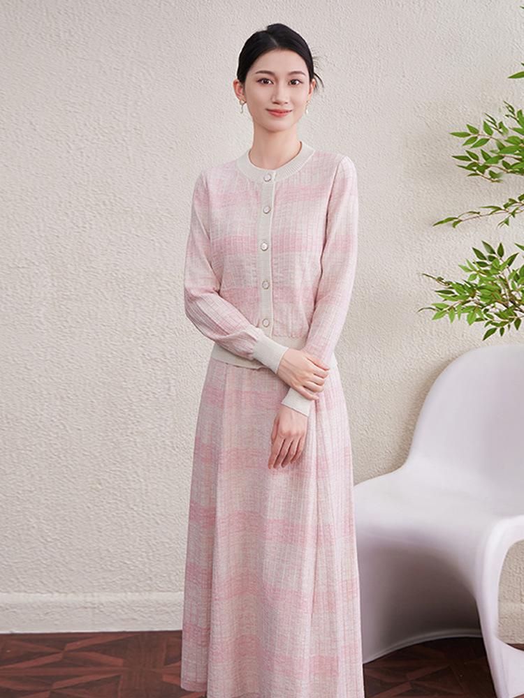 2025 Autumn/Winter Women's Retro Tencel Stripe Knit Top & Midi Skirt Set
