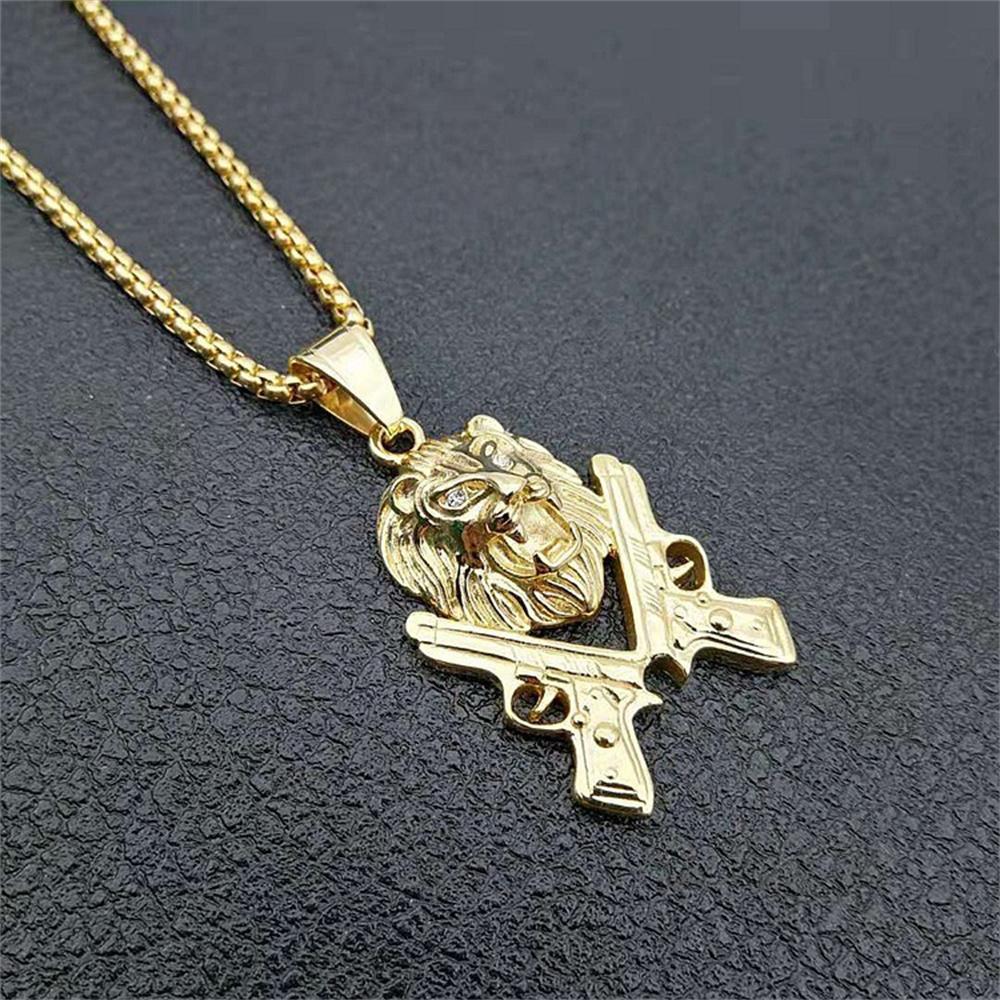 Punk Gun Lion Head Pendant Gold Color Stainless Steel Rapper Animal Necklace For Men Cool  Party Jewelry Male Gift 2025