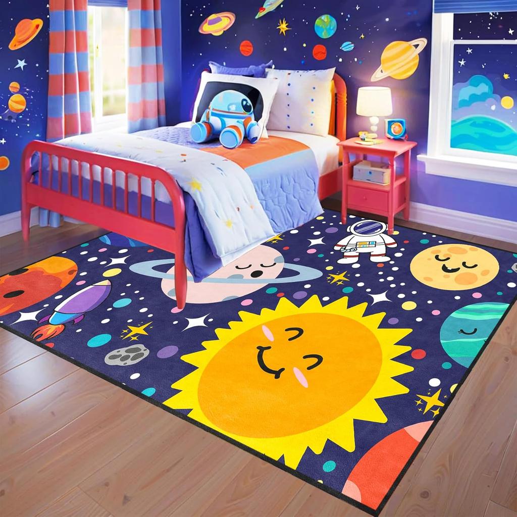 Solar System Kids Rug - Galaxy Themed Playroom Carpet, Non-Slip Planet Print Floor Mat for Boys/Girls Bedroom, Classroom  Dec