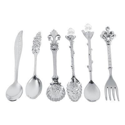 6Pcs/Set Vintage Royal Style Metal Mini Coffee Spoons and Fork Kitchen Fruit Accessories Silver