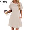 Women's Fashion Summer Spring Solid Color Print Short Sleeve O-Neck Loose Waistline Casual Dresses