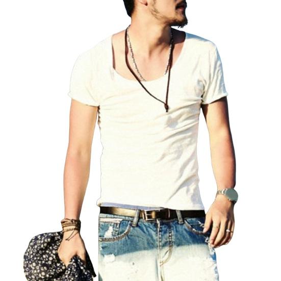 Men T-shirt Large V Neck Thin Solid Color Slim Fit Soft Short Sleeves Mid