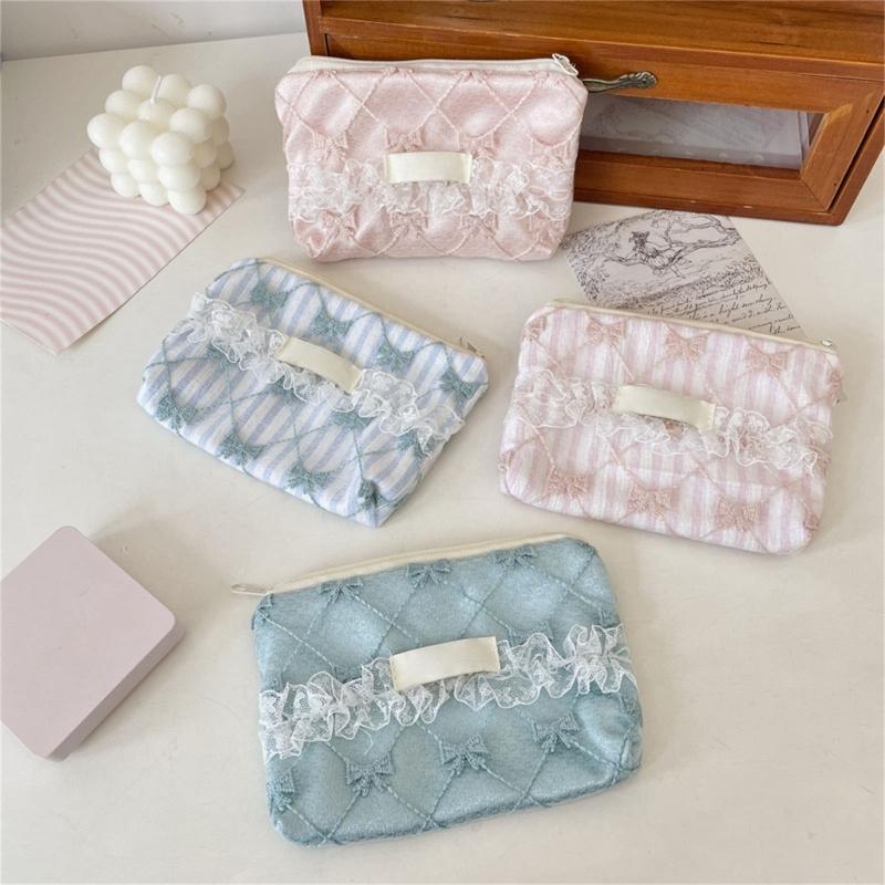 Elegant Floral Lace Trimmed Wallet Small Storage Bag Polyester Stylish Lightweight Carryall For Coin Accessories