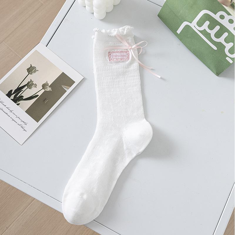 

Female Spring and Autumn Ear Embroidered Letter Bow Ballet Style Boneless Tube Pile Socks 1 pair