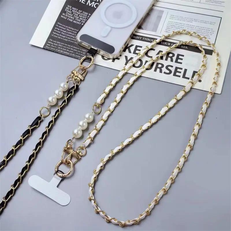 Phone Lanyard Women's Long Leather Woven Metal Chain With Pearl Phone Case Universal Phone Lanyard Diagonal Cross Bag Decoration