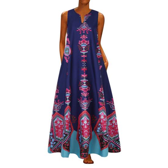 Plus Size?Bohemian Summer Beach Women Sleeveless V Neck Loose Kaftan Maxi Dress
