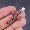 Ciondolo a croce in corallo rosso italiano naturale fatto a mano in argento sterling 925 da 1,81" v4h84