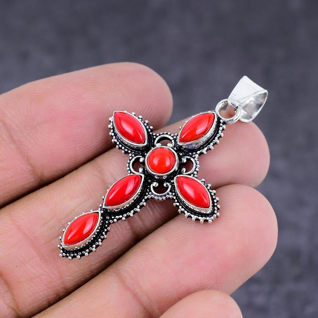 Ciondolo a croce in corallo rosso italiano naturale fatto a mano in argento sterling 925 da 1,81" v4h84