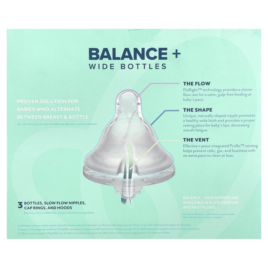 Evenflo Feeding, Balance+ Bottle, Wide, 0+ Months, Slow Flow, 3 Bottles, 270ml (9oz) Each