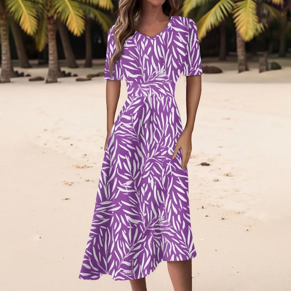 Damen Freizeitmode Kleid mit Blumendruck, V-Ausschnitt, kurzen Ärmeln und taillenlang