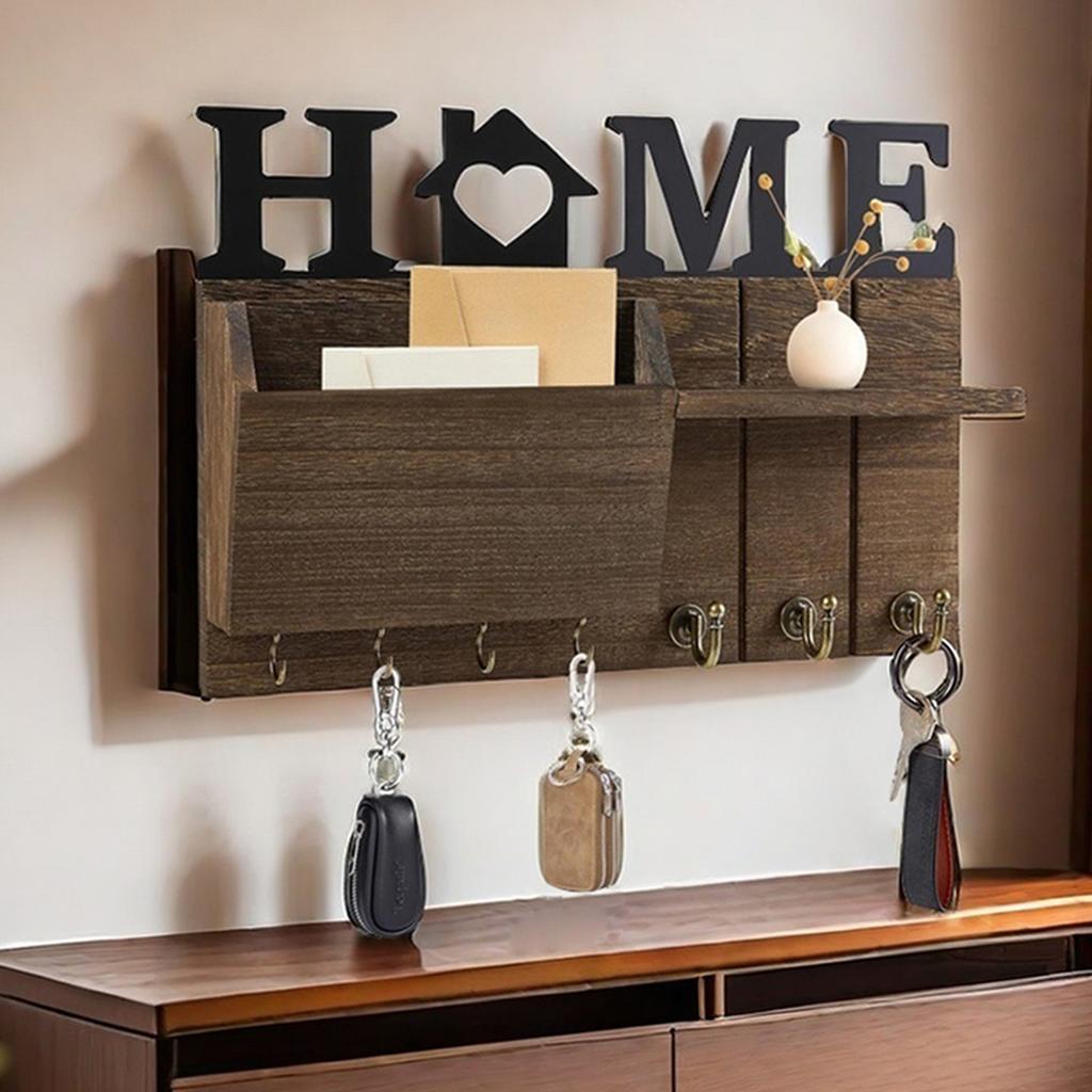 Wooden Key Holder for Wall Multifunctional Rustic Mail Organiser with Shelf for Entryway Hallway