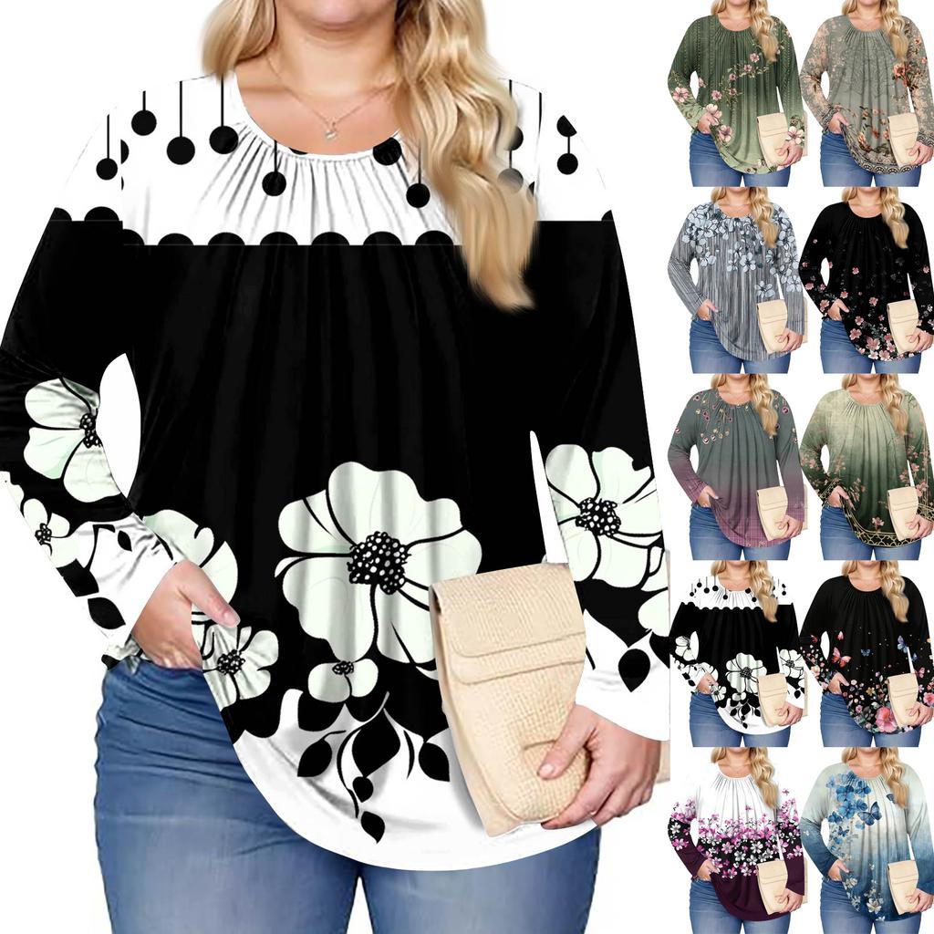 Women's Plus Size Fashion Printed Casual Pleated Round Neck Long Sleeve Top