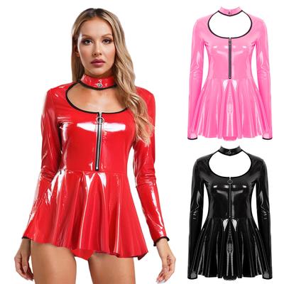 Vestido de Látex para Mujer Cuello en V Profundo Mangas Largas de Malla Mini Vestido Brillante de Cuero Sintético Disfraz de Halloween Fiesta Rave Ropa de Club Punk