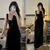Navy Blue Square Neck Spice Girl Sleeveless Suspender Dress Female Slim and Thin High-end Long Dress Summer Temperament Skirt