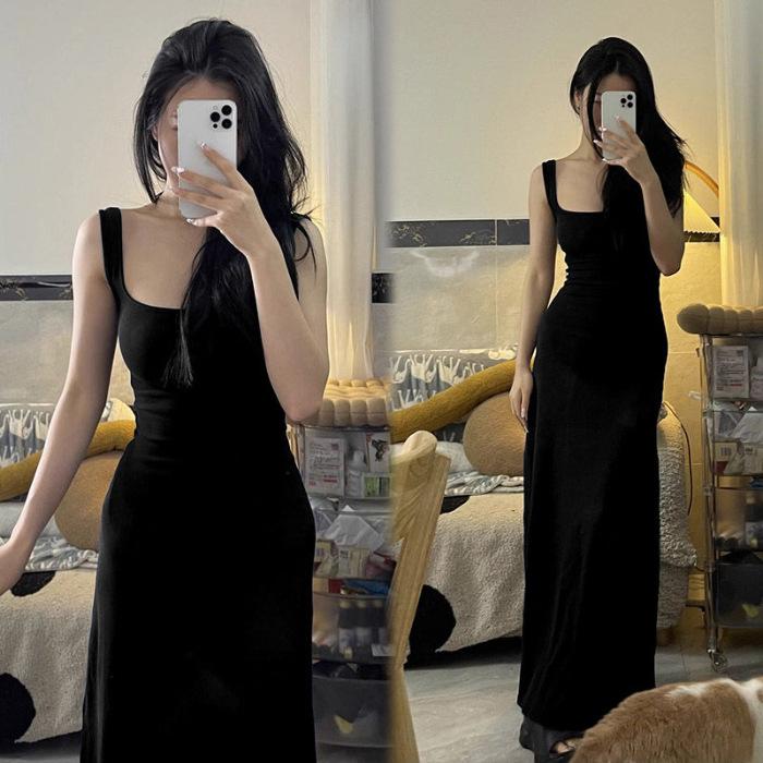 

navy blue square neck Spice Girl sleeveless suspender dress female slim and thin high-end long dress summer temperament skirt 2XL чорний