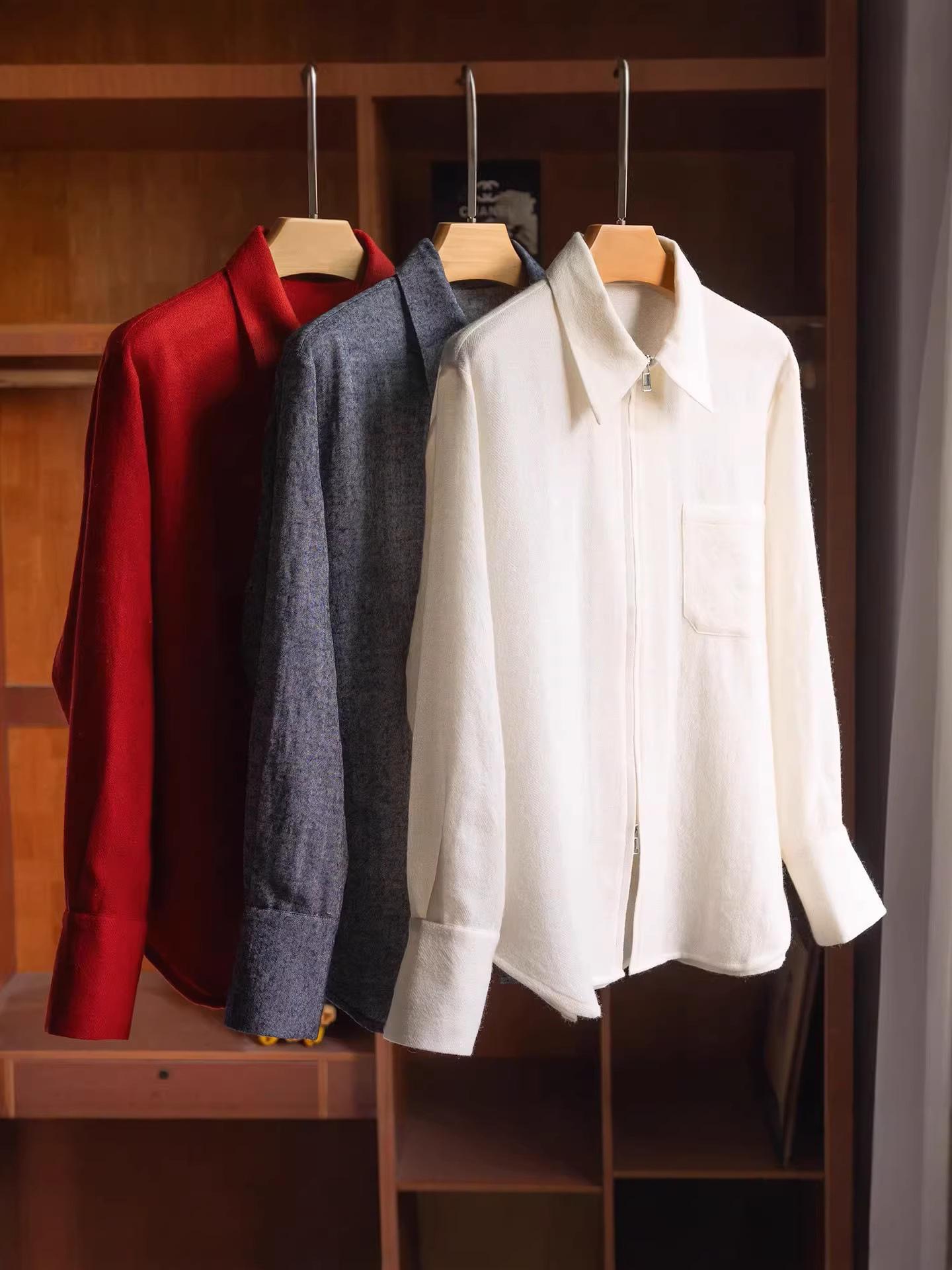 

MUI-Style Merino Wool Double-Zipper Lapel Long-Sleeve Shirt for Spring/Autumn Small морской синий